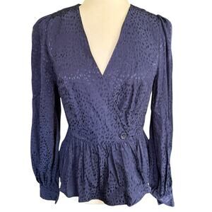 & other stories Navy Blue jacquard animal print satin Wrap Peplum blouse Sz 4